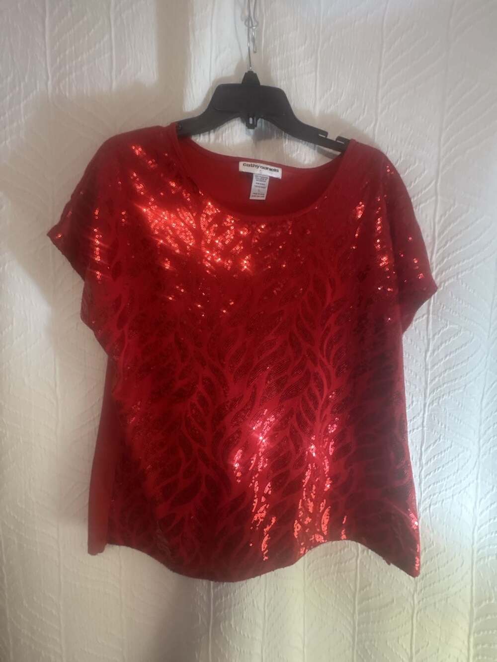 Cathy Daniels Red Sequin Short Sleeve Party Top Blouse Size L